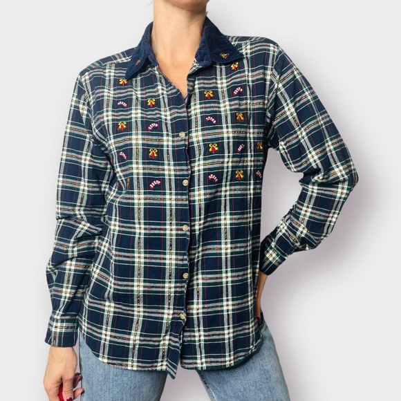 90s Bobbie Brooks Navy Plaid Holiday Button Up Top - Picture 3 of 6